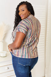 Shiny Multicolored Stripe Notched Neck Top OutfitFlow